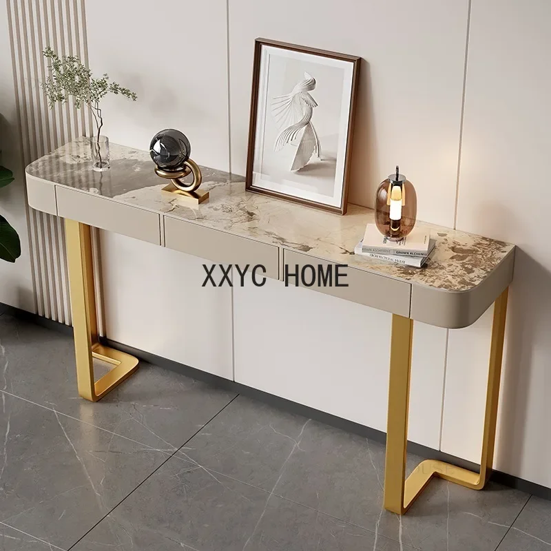 Italian Luxury Stone Plate Top Console Tables Creative Entrance Table with Drawer Minimalist Hallway Cabinet Home Furniture