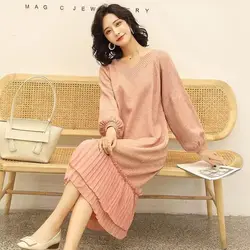 Green Clothing Pleated Crochet Loose Solid Women's Dresses Female Dress Pink V Neck Knit Y2k Style Long Sleeve Thick Novelty Xxl