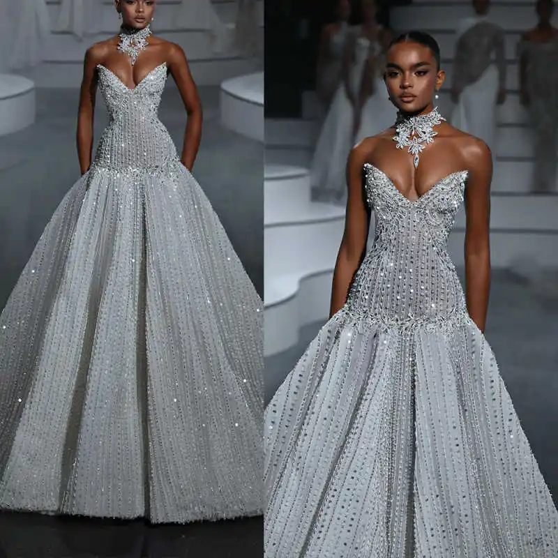 Simple Strapless A Line Wedding Dresses Vintage Beaded Lace Sleeveless Bridal Gown Crystal Vestido De Novia Customized