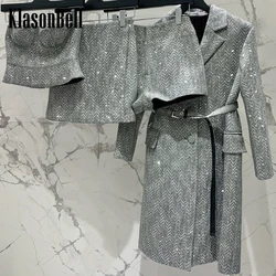 3.13 KlasonBell Fashion Diamonds Herringbone Worsted Wool Set Single Breasted Sashes Coat Or Strapless Camis Or Skirt Or Shorts