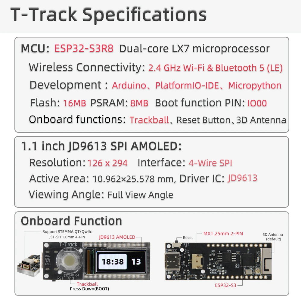 T-Track ESP32-S3 1.1 inch AMOLED trackball wireless module development board