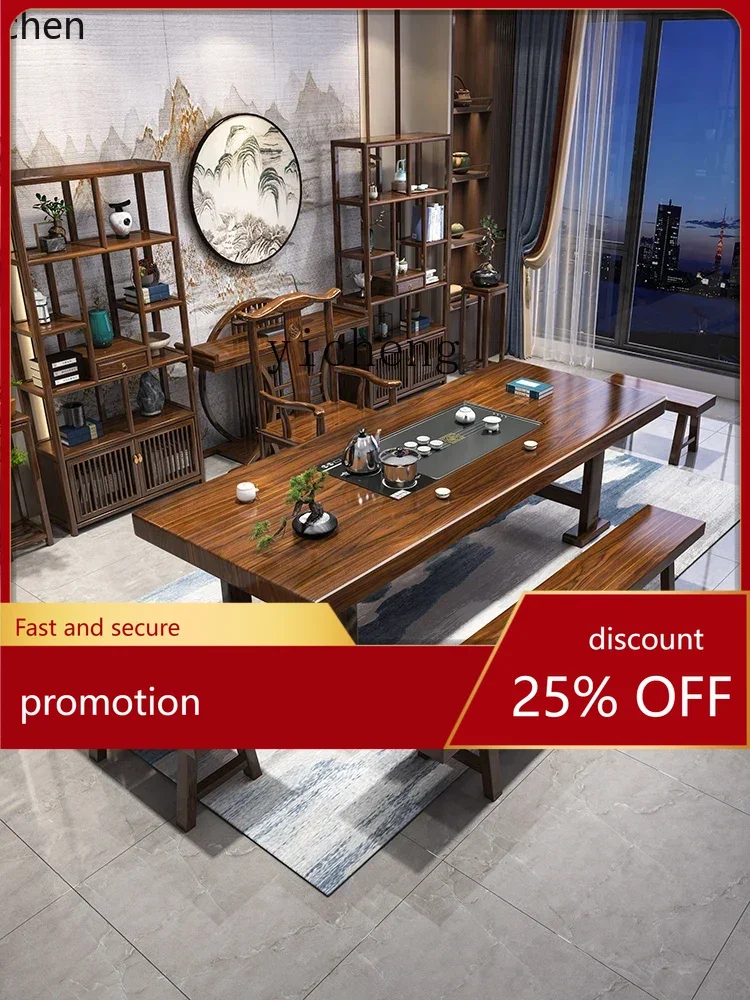 ZMLsolid wood large board tea table and chair combination one table and five chairs home office