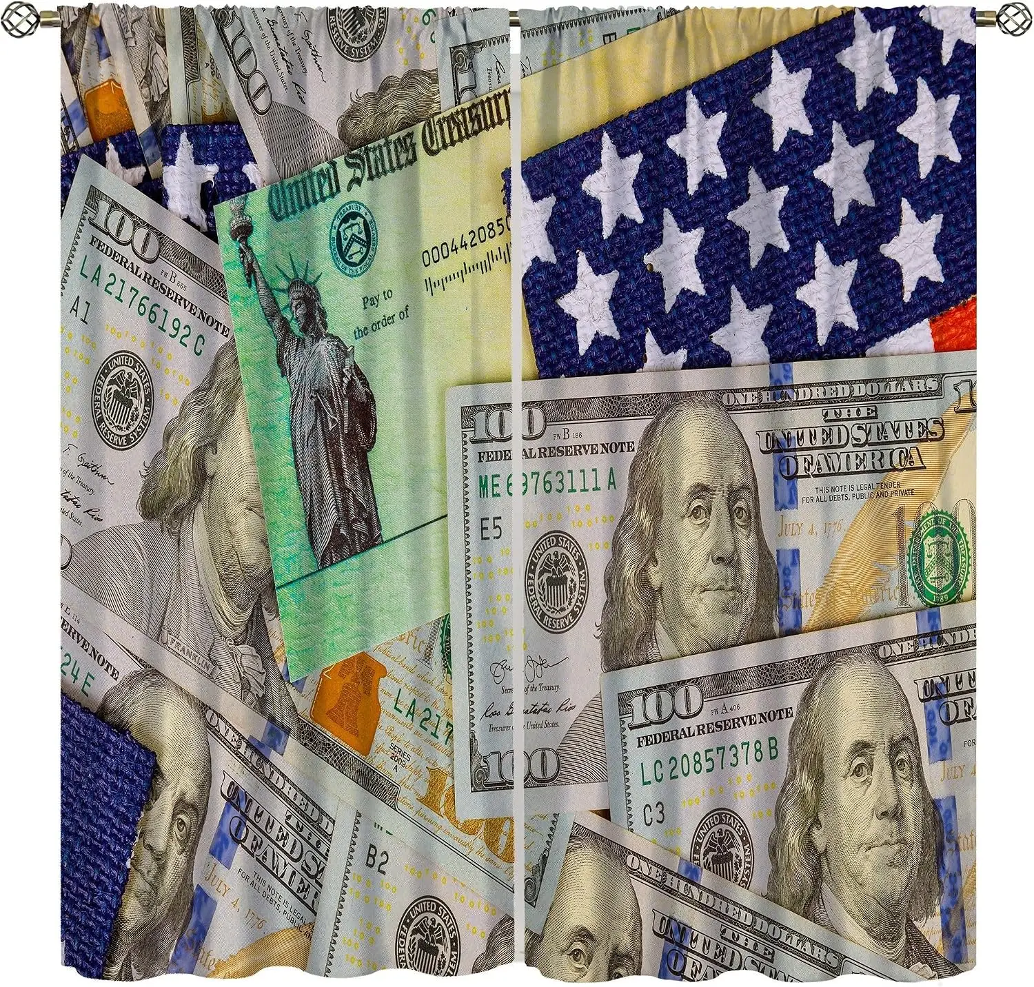 Unique US Dollar Bills Money Print Curtain Drapes American Cash Art Window Curtains Patriotic Home Decor for Living Room Decorat