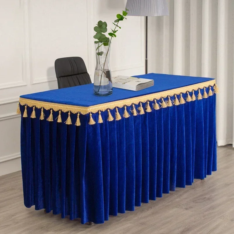 Gold Velvet Tablecloth Conference Exhibition Hanging Fringe Table Cover Temple for Table Tassel Table Skirt Custom Rectangular