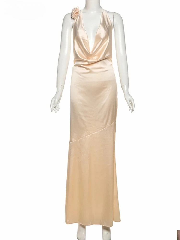 Sólido flor cetim maxi vestido feminino sexy verão sem mangas sem costas elegante festa de noite formal noite vestidos longos