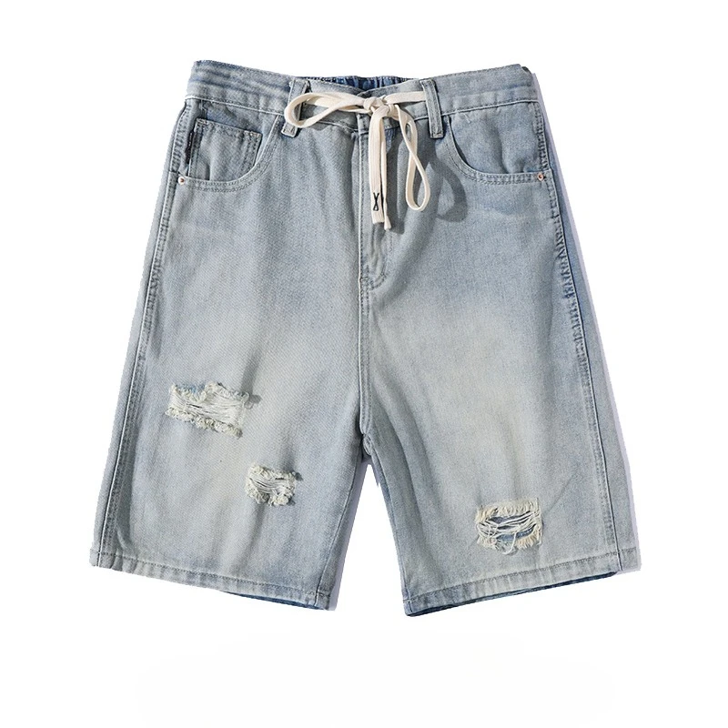 

Fashion Denim Shorts Men Summer Ripped Straight Slim Casual Bermuda Jeans Hole Male Light Blue Short Pants Streetwear