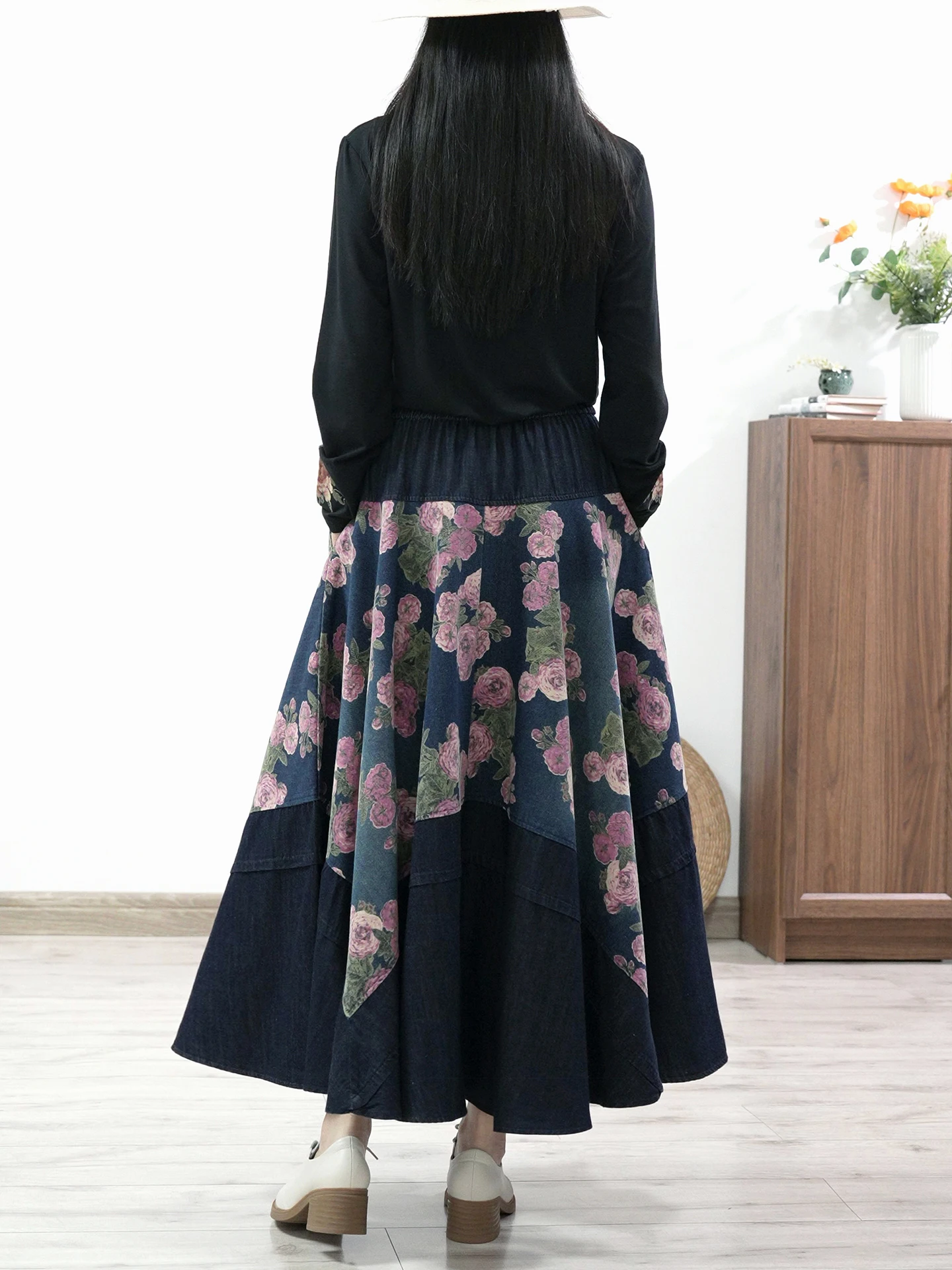 TIYIHAILEY Lange Maxi Frauen Elastische Hohe Taille Winter Herbst Denim Rock Dame Gedruckt A-Line Patchwork Schwarz Dicke Jeans 2025