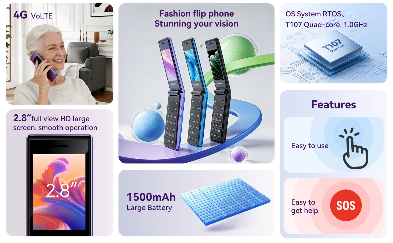 HAMTOD T8 Flip Phone 2.8 inch Inner Screen 128MB ROM+ 48MB RAM