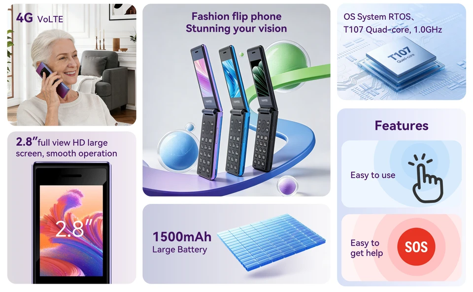 HAMTOD T8 Flip Phone 2.8 inch Inner Screen 128MB ROM+ 48MB RAM
