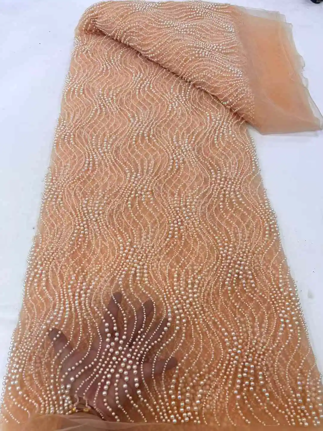 

African Luxury Beaded Tulle Lace Fabric 2024 High Quality Nigerian Pearls Lace Fabric Sequins For Bridal Wedding Party Dresses