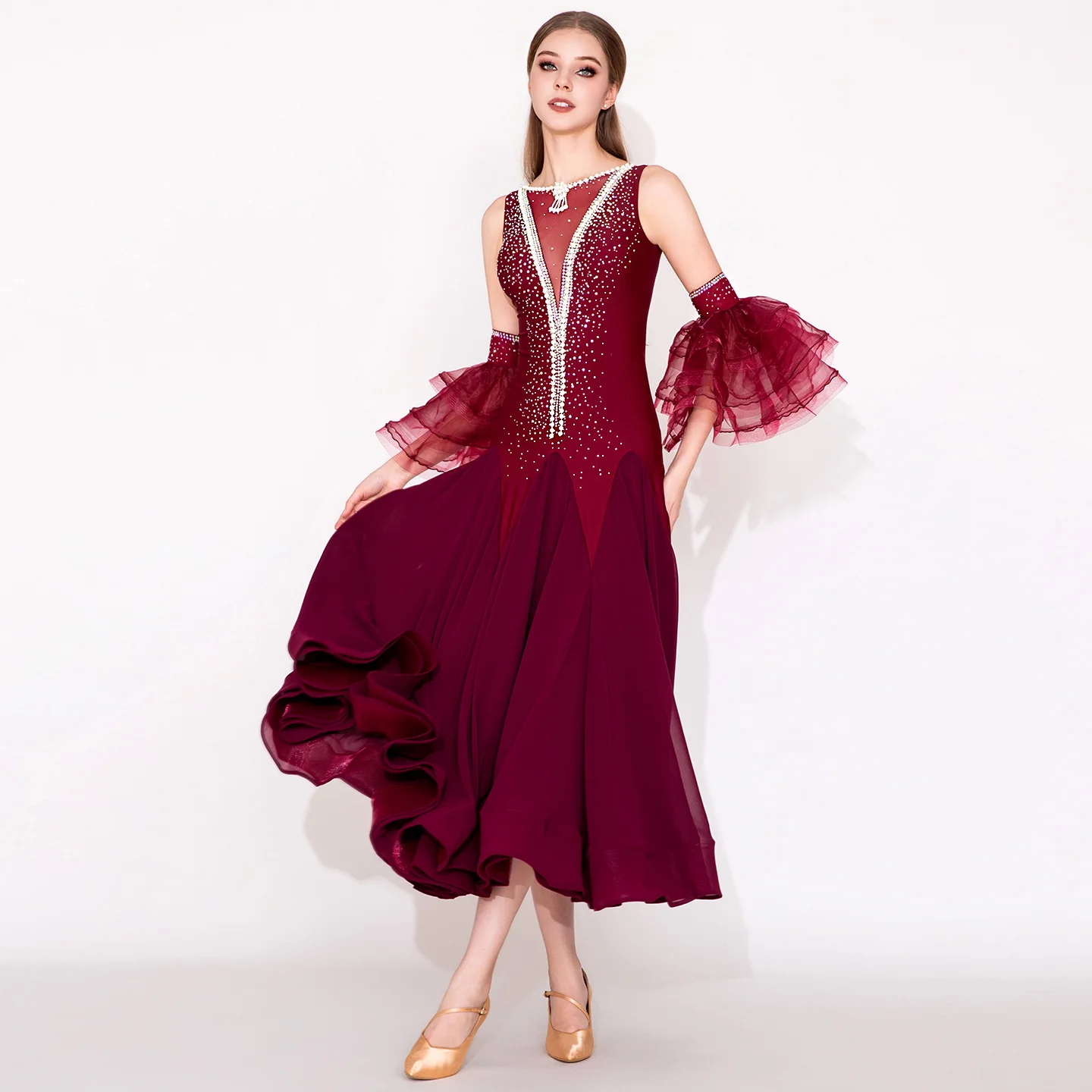 فستان أداء الرقص الحديث النبيذ الأحمر قرمزي المعايير الوطنية مسابقة الرقص أداء الملابس My948