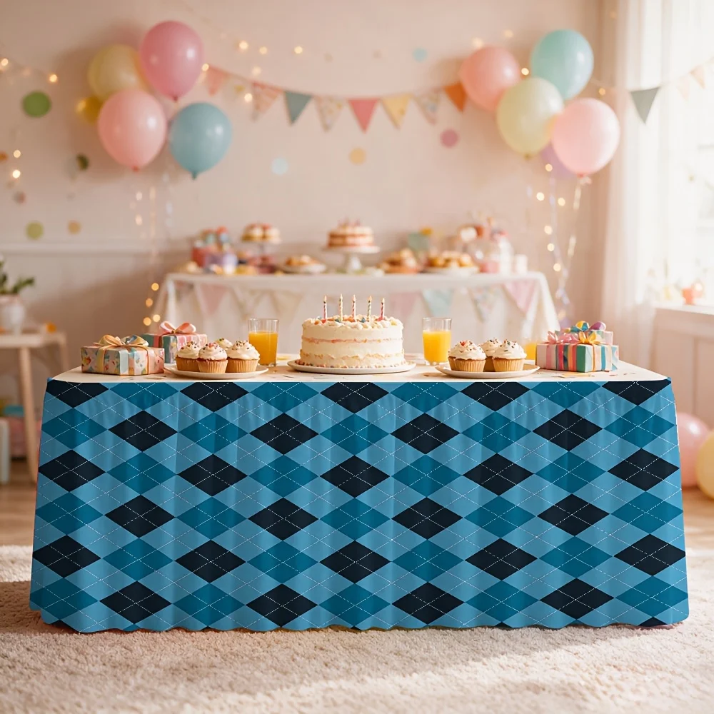 One Halloween-themed blue and black checkered printed tablecloth table runner