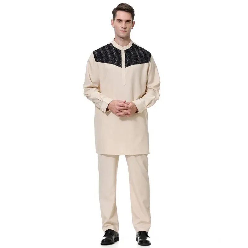 Robe Thobe muçulmano masculino, tops e calças de manga comprida, kaftan árabe saudita, roupas islâmicas, Dubai Jubba, roupa do Oriente Médio, roupa caftan, 2 PCs