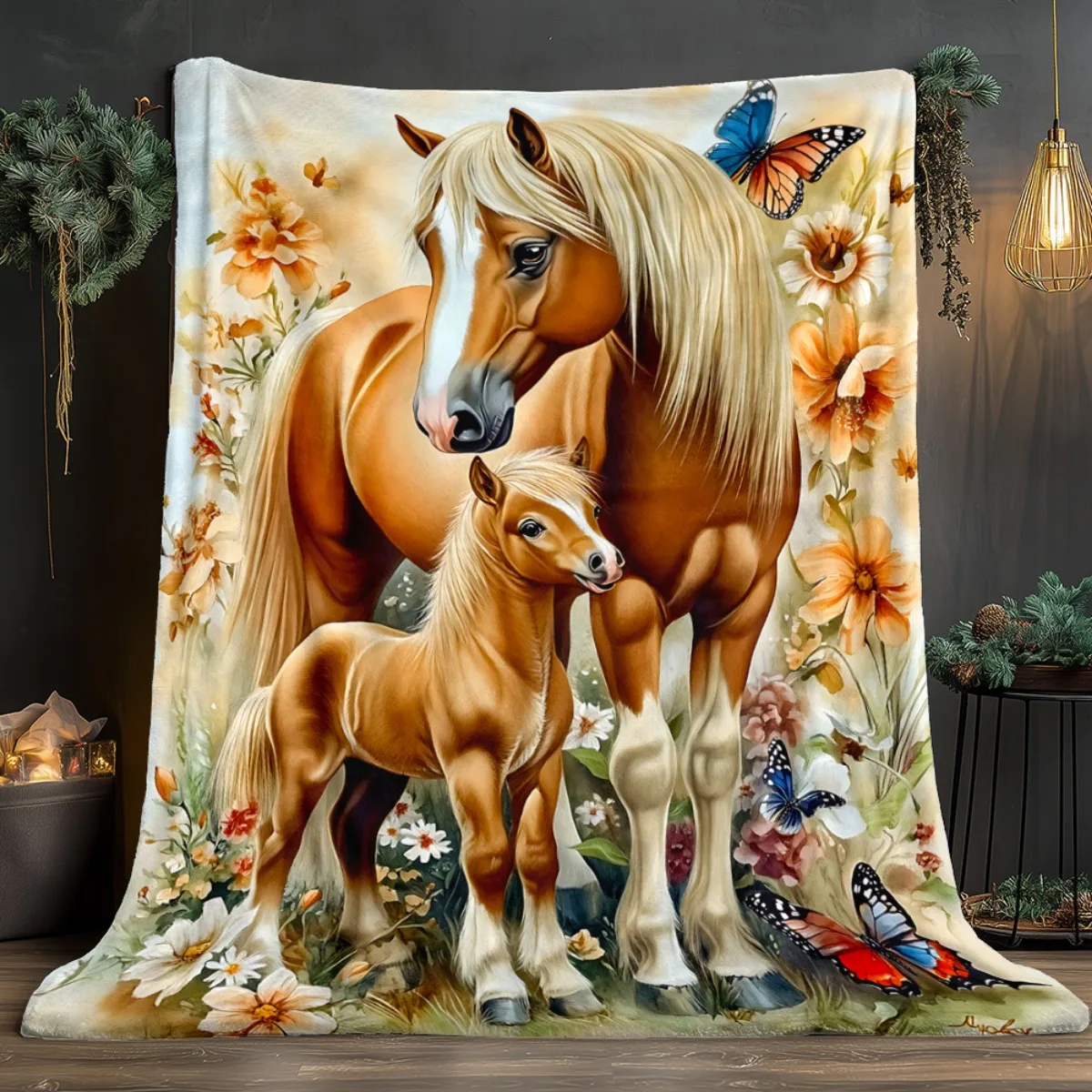 Golden Horse Pair Art Blanket Throw Decoration Gift for Nursery Kids Bathroom Home Decor Pet Anima