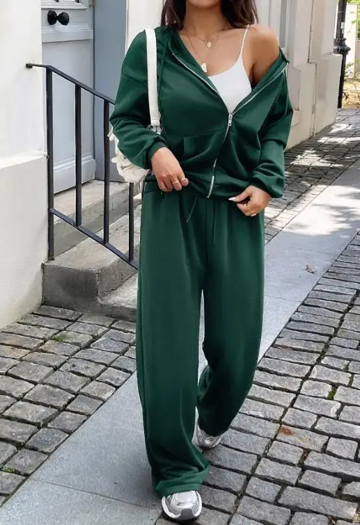 

Ladies' Autumn and Winter Casual Versatile Classic Solid Color Simple Hooded Loose Fit Hoodie Jacket Slim Straight Leg Pants Set