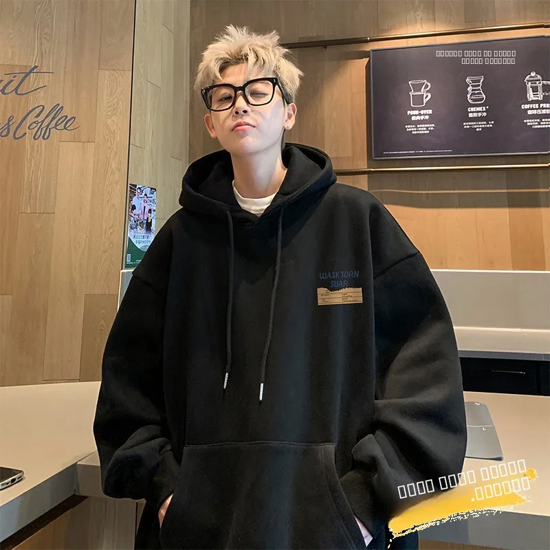 

Bla Fce Lined Hoodie Men's Autumn Winter Thi Casual Hooded Sweatirt Couple Outerwear Comfortable Loose Fit Streetwear