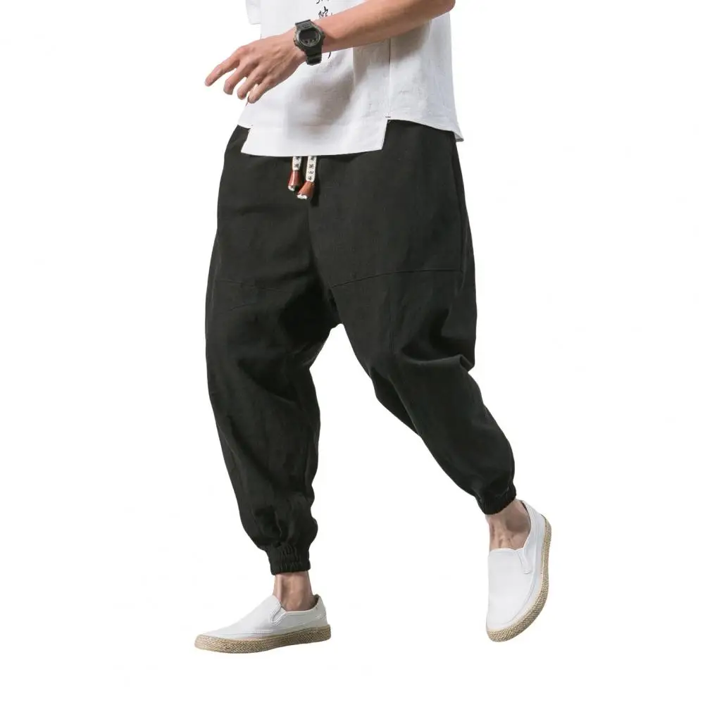 Calça casual masculina com harém, cintura elástica, bolsos com comprimento do tornozelo, estilo japonês, virilha profunda