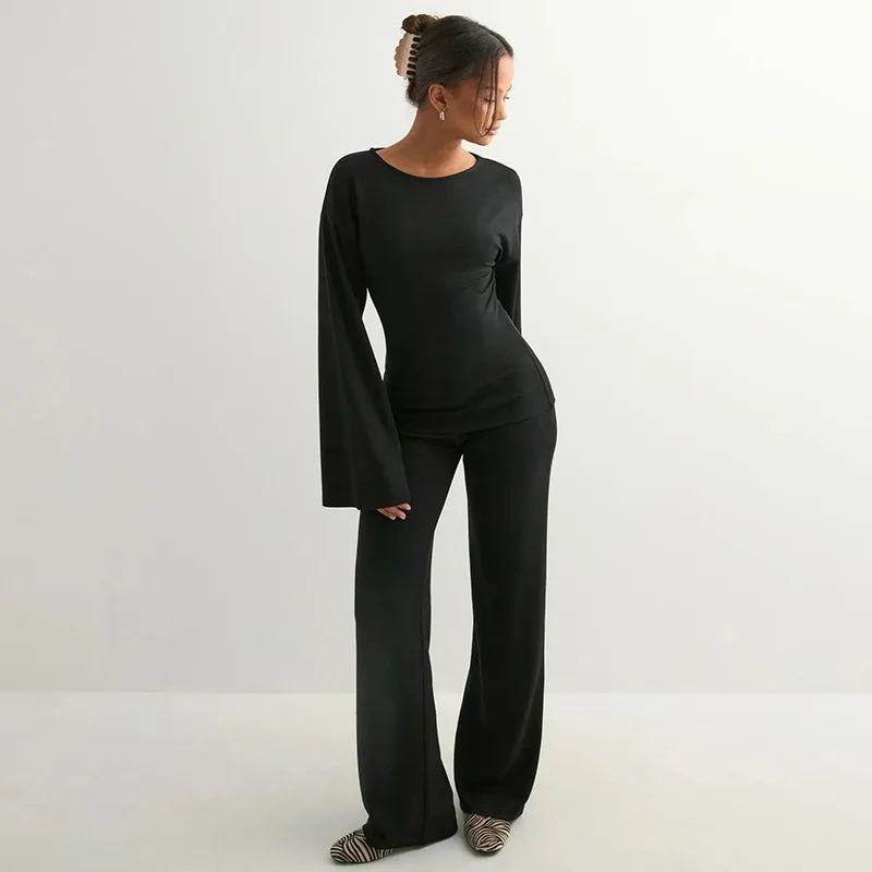 

Two Piece Set Women Fashion Top And Flare Pants Solid Color Round Neck Long Sleeve Flare Sleeve Loose Simple Casual Daily Outfit