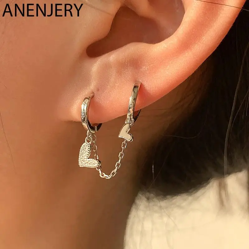ANENJERY Doppel-Creolen-Kettenohrring, zierlicher Stern, Liebesherz, stapelbare Huggie-Ohrringe für Damen, Schmuckzubehör
