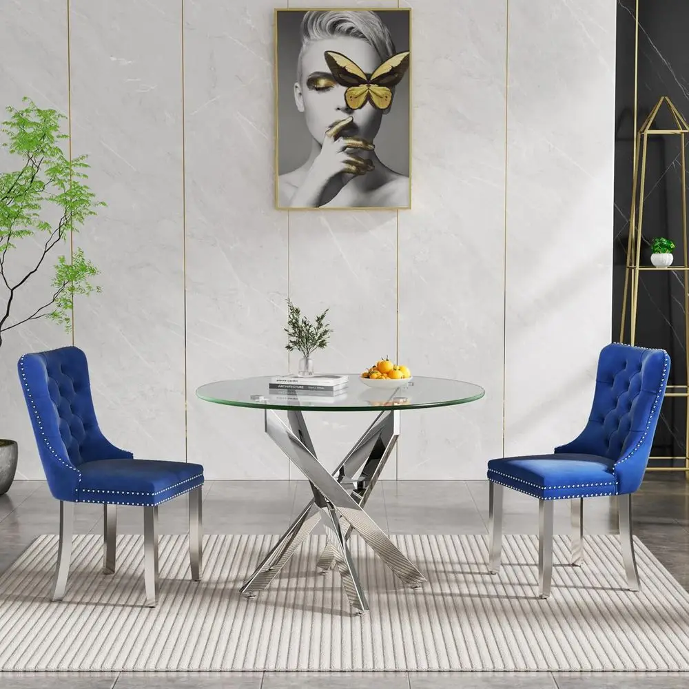 Compact 2-Person Glass Dining Table Set with Navy Blue Tufted Chairs