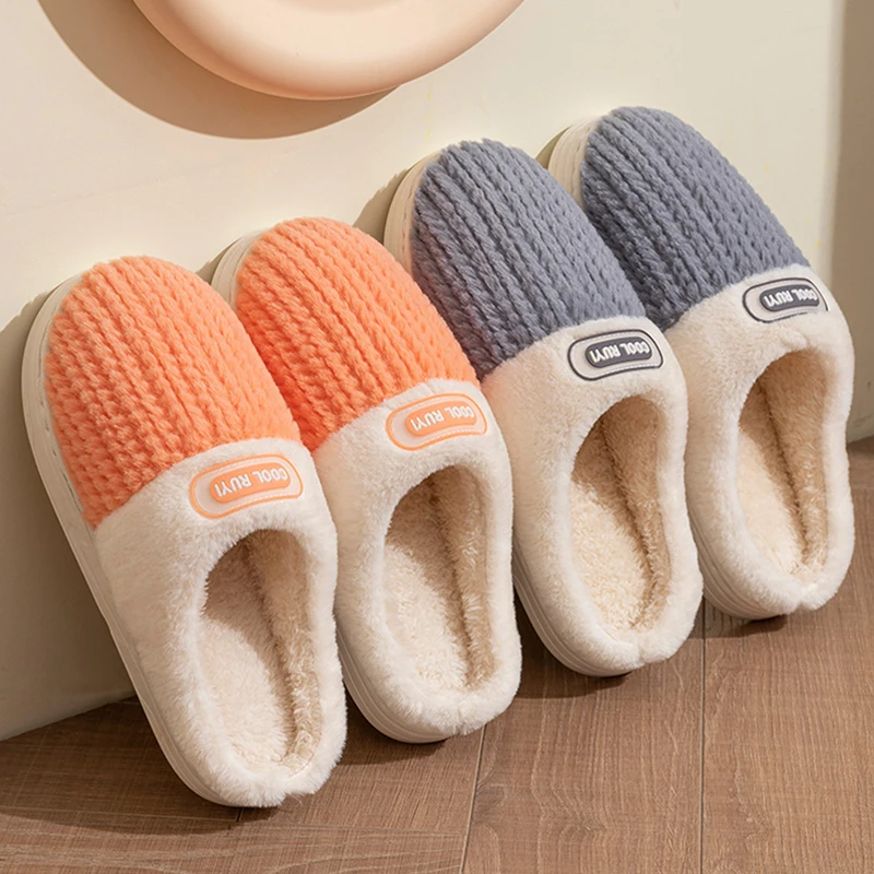 

Unisex Winter Home Slippers Warm Fleece Lined Knitted Indoor Shoes Comfortable Anti-Slip House Slippers for Couple Multi-Color