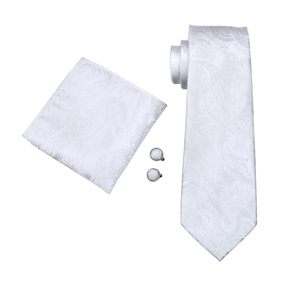 FA-393 Men\'s Tie White Paisley Silk Jacquard Woven classic Tie Hanky Cufflinks Set For Men Business Wedding Party