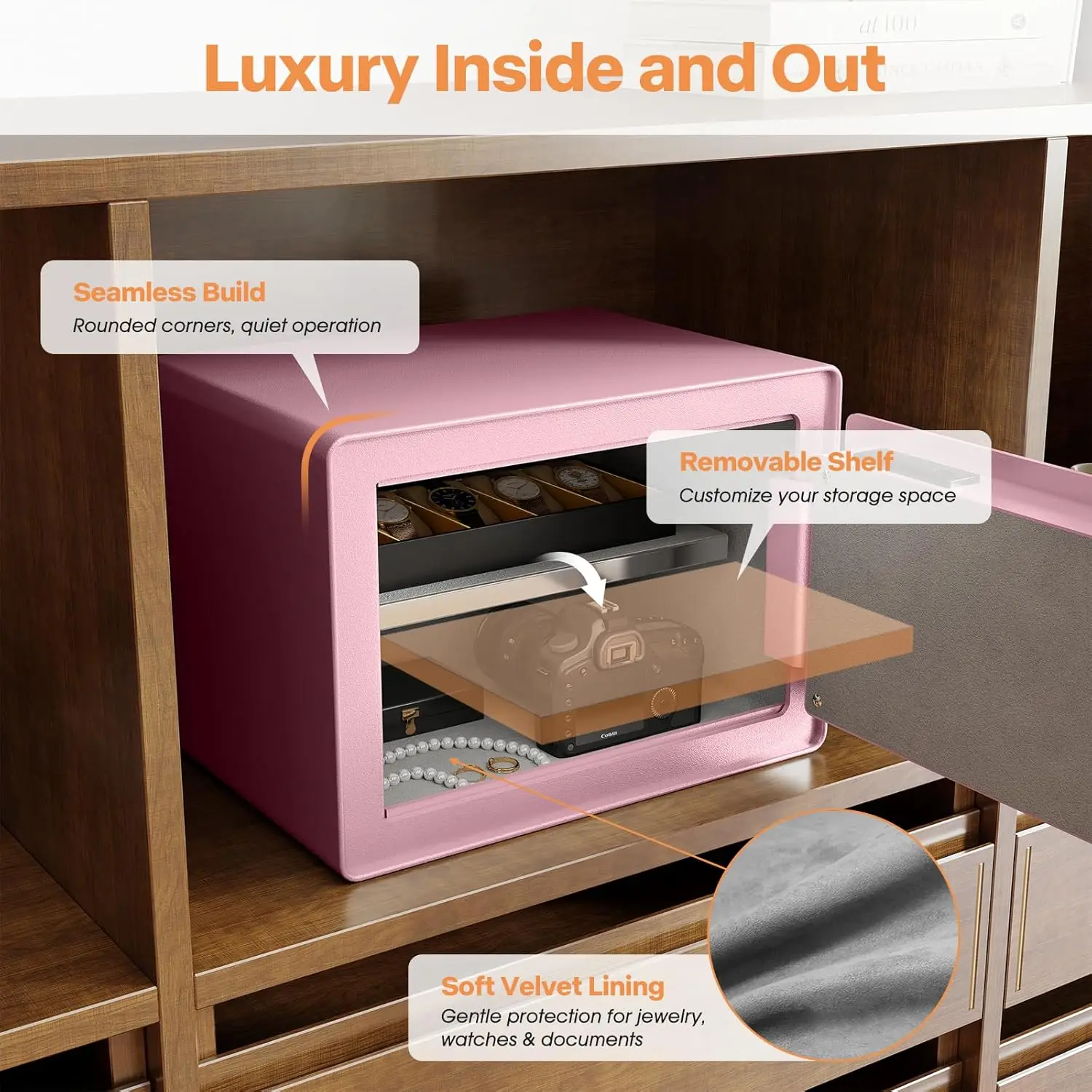 Pink Fingerprint Safe for Home, 1.2 Cu Ft Biometric Security Safe Box with Touchscreen Keypad, Jewelry Safes for Cash, Fireproof