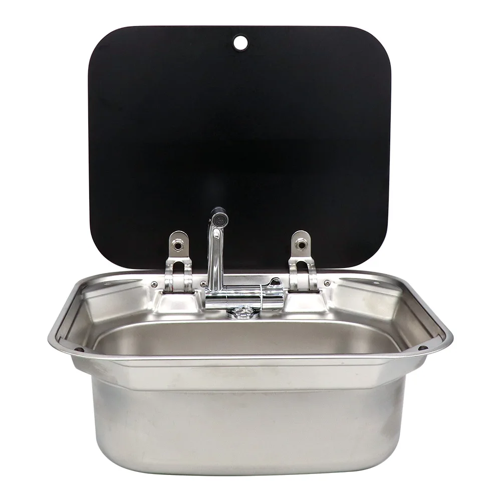 RV Accessories Motorhome Campervan Stainless Steel Sink Glassed Lid Boat Folding Sink Integrated Tap