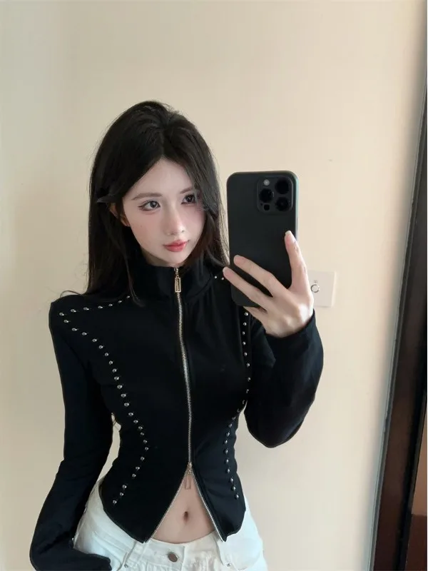 

Fashionable Short Sleeveless Long-Sleeve Women's Knitted Cardigan Pure Desire Spicy Girl Nailhead Line Design Sense Stand Collar