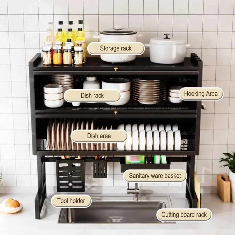 Over Sink Dish Drying Rack 2 Tier Stainless Steel Dish Drainer with Cover and Utensil Holders Large Capacity Space Saving