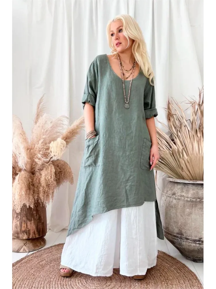 

Summer Fashion New Splice Contrast Irregular Big Hem Maxi Dresses For Women Casual O-Neck Long Sleeve Pocket Loose Dress