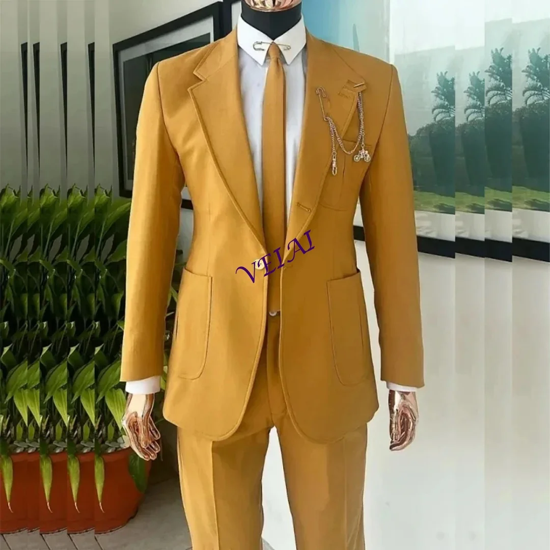 

CustomizedLuxury Yellow Mens Suits Notched Lapel Single Breasted One Button Wedding Party Business 2 Piece (Jacket+Pants) Trajes