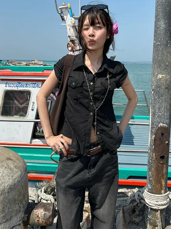 

Women's Black Gothic Shirts and Blouses Y2k Short Sleeve Harajuku Streetwear 2000s Vintage Sweet Shirt For Lady Blusas Tops