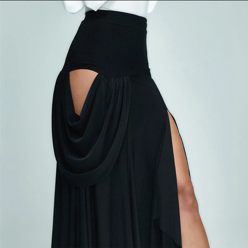 Nueva falda de baile de salón negra para mujer, falda larga calada con abertura, ropa de práctica de baile de vals, traje de baile latino para adultos DNV24075