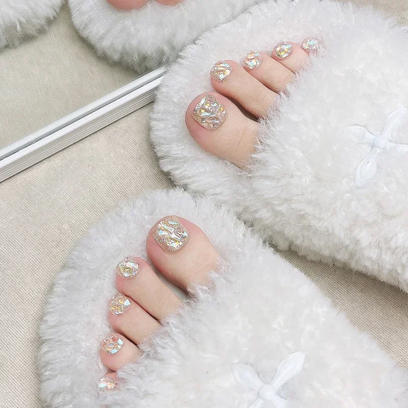 

12pcs Colorful Diamond Fake ToeNails Short Square Summer Aurora Silver Sparkling False ToeNails Press On Manicure Feet Nail Tips