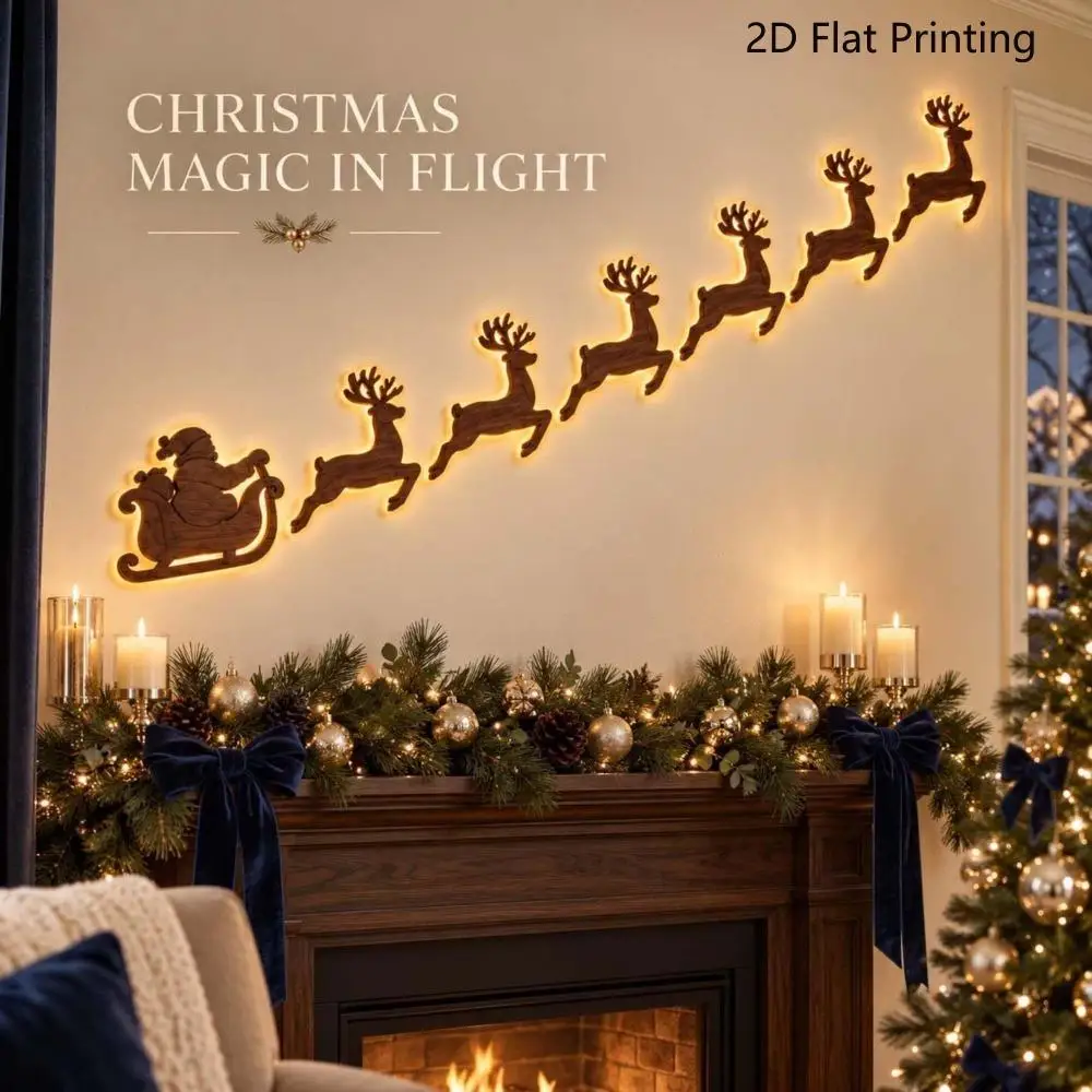 7Pcs Backlit Wooden Santa Reindeer Wall Lights Self-Adhesive Peel Stick Warm Glow Indoor Xmas Festive Home Wall Decor