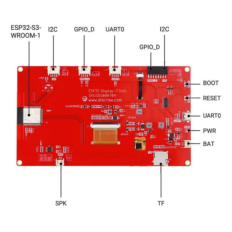 CrowPanel- ESP32 7.0 Inch 800x480 Resolution HMI Touch Screen TFT-LCD Smart Display Module with Learning for Arduino/ LVGL