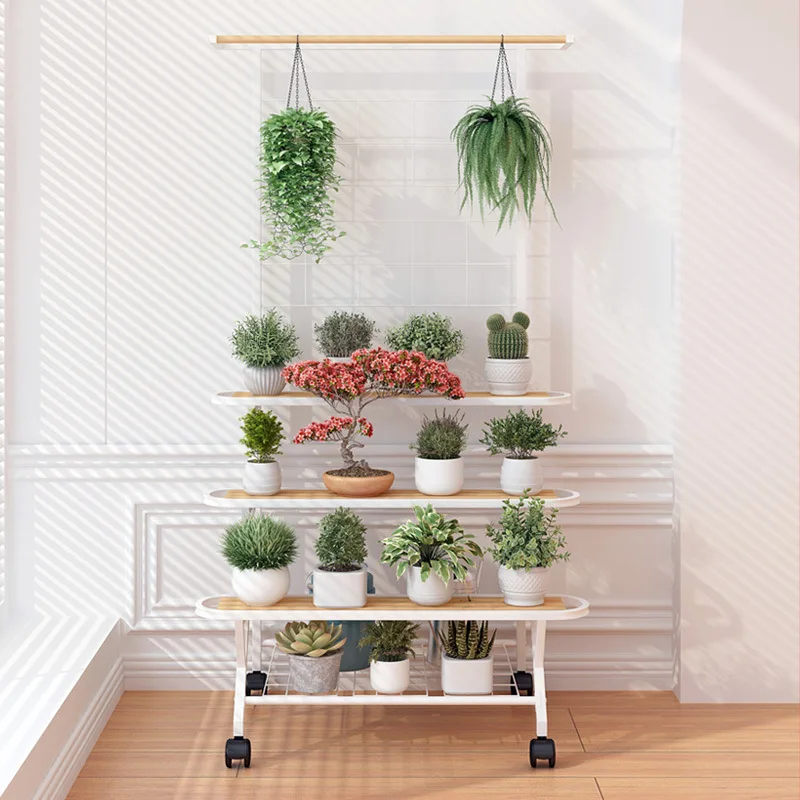 Movable Wheeled Ladder Flower Rack Balcony Climbing Vine Storage Rack Living Room Flower Pot Floor Mounted Bracket