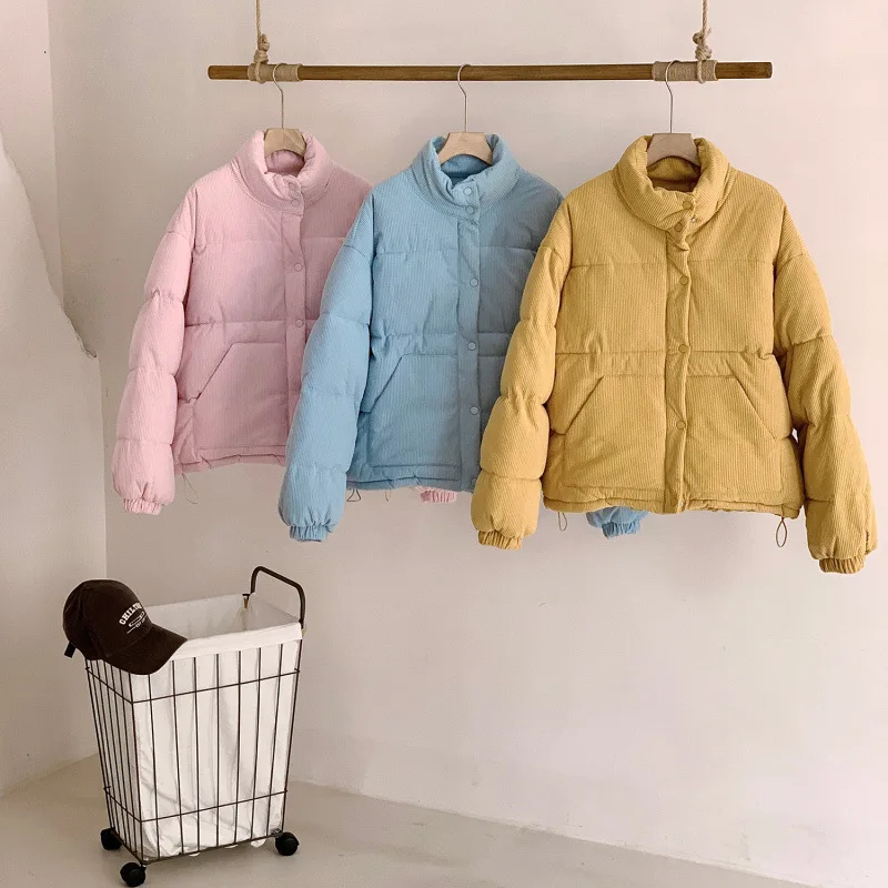 Giacca invernale in velluto a coste di cotone per donna tinta unita coreana colletto rialzato semplice caldo moda casual nuovo cappotto addensato femminile