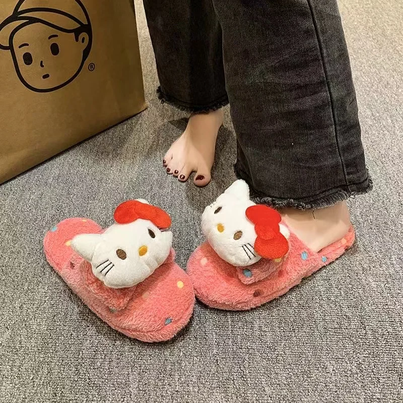 really pictures 2025 new autumn winter hello kitty red bow drop shipping blue ivory plus big size warm women's slippers