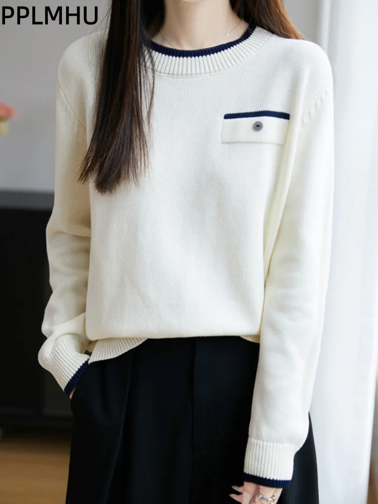 O-Ausschnitt Baggy Weicher Strickpullover Neue Pullover Damen Lässige Koreanische Mode Pullover mit Einsätzen Langarm-Strickwaren Sueter