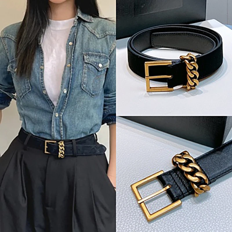 Square Buckle Pin Belt Female Luxury Brand Genuine Top Leather Pure Copper Chains Decoration Jeans Waist Decoration