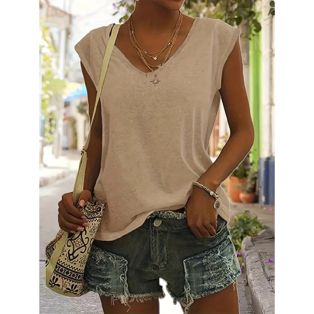 

Women's Summer Vest Solid Color Top Loose Plus Size Short Sleeved Beach Party Vest Fashion V-neck T-shirt Women's Clothing