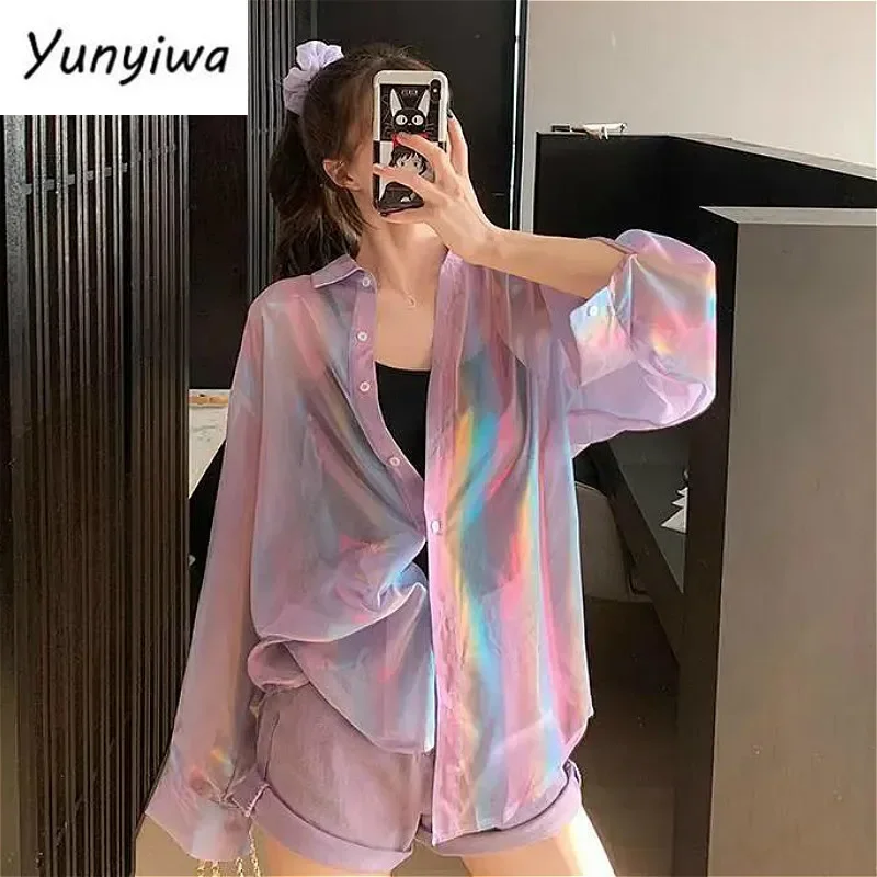 Blouses Women Harajuku Purple Sun-proof Summer Stylish Popular Teens Streetwear All-match Basic Long Sleeve Ins Femme Blusas Top