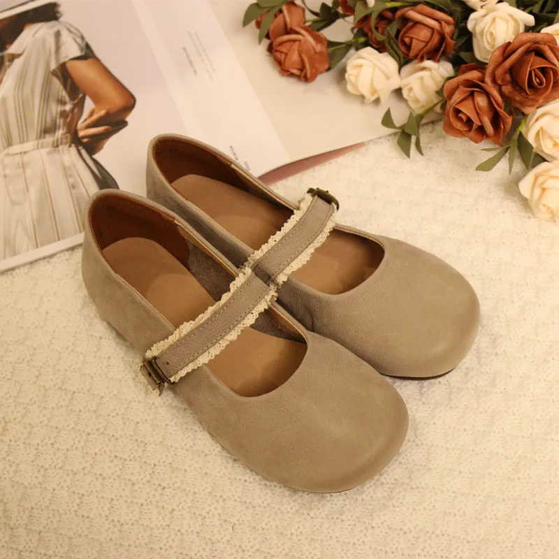 

Leather Casual Mary Jane Women's Shoes round Toe Slip-On Floral Embellished Flat Heel Rubber Sole Comfortable Spring Footwear