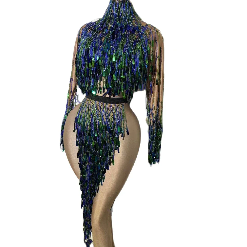 

Sparkly Women Sequined Birthday Queen Outfit Tassel High Split Long Nightclub Dress DJ Singer Dance Performance Stage Wear