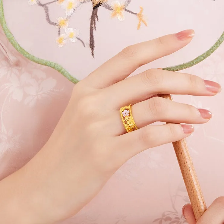 

Elegant Gold Color Open Cherry Blossom Hollow Rings for Women Bride Birthday Wedding Engagement Fine Jewelry Gifts