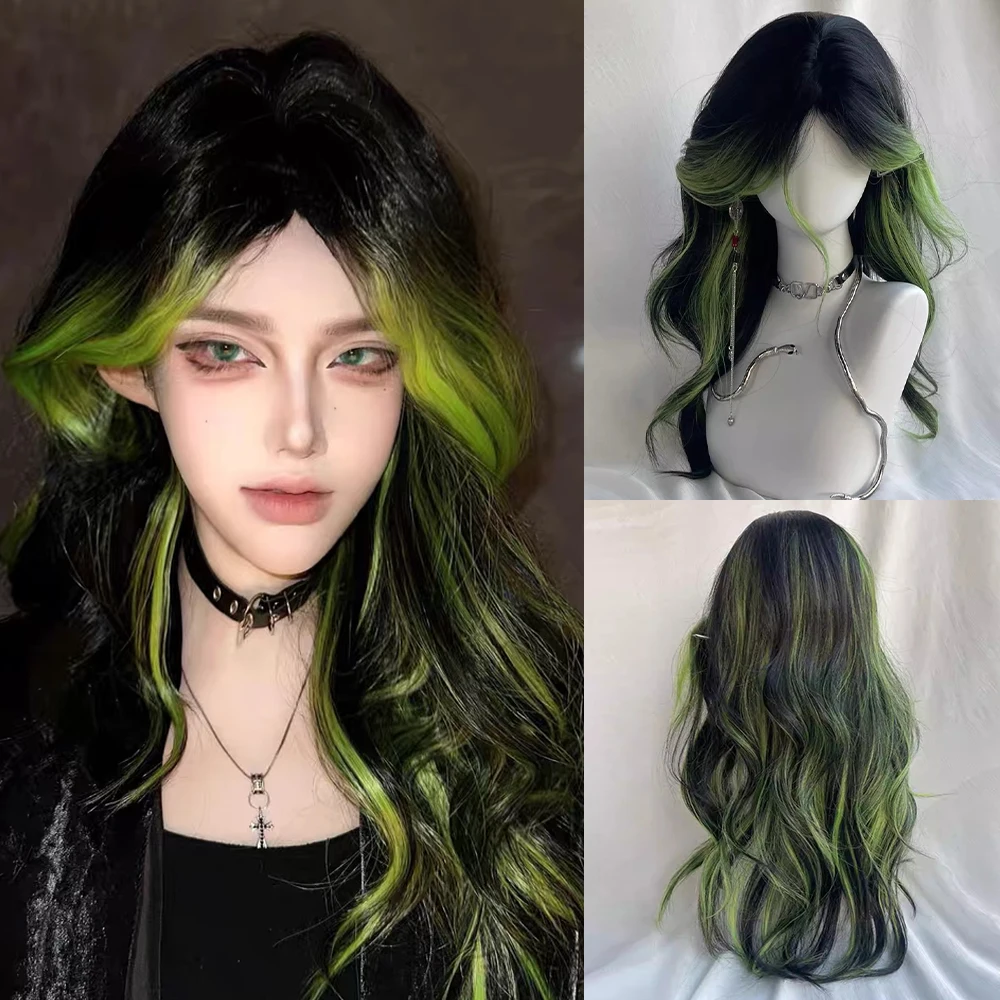 

Black Ombre Green layered Long Wavy Synthetic Wig Middle Part Lolita Cosplay Women Fluffy Heat Resistant Wig for Daily Party