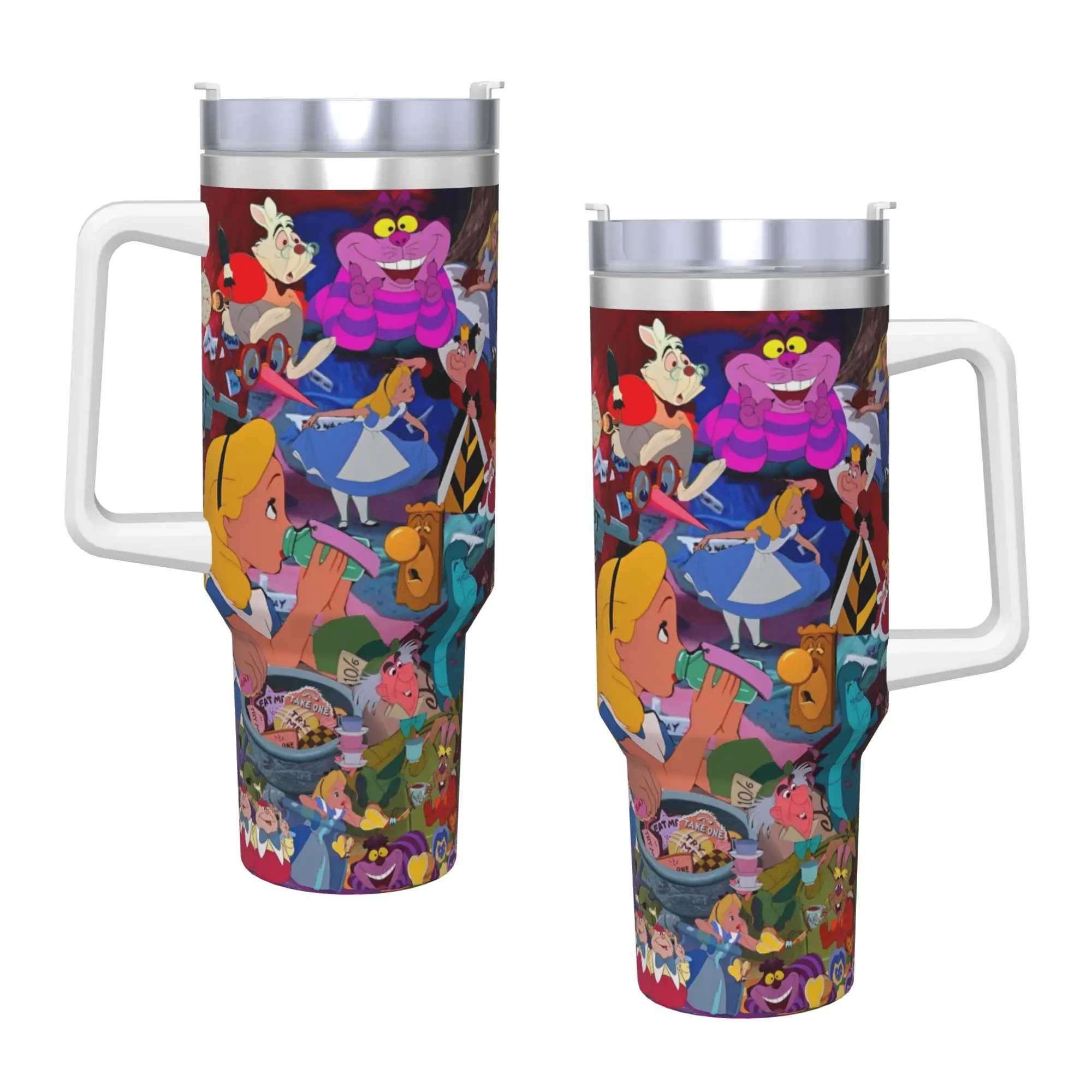 Vaso de Acero Inoxidable con Diseño de Alicia en el País de las Maravillas, Taza con Pajita, Botella de Agua para Bebidas Calientes, Taza Térmica Portátil Grande