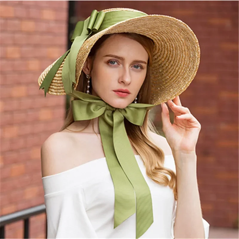 

15/18cm Wide Brim Beach Hats For Women Elegant Romantic Large Uv Protection Sun Hat With Neck Tie Oversized Flat Top Straw Caps